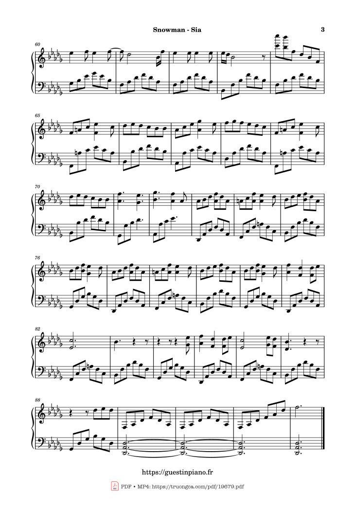 Page 3 of the piano sheet music PDF – Snowman - Sia Sheet Piano by GuestinPiano
