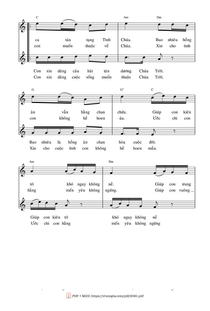 Page 2 of the piano sheet music PDF – Đường con theo Chúa by Lm. Ân Đức