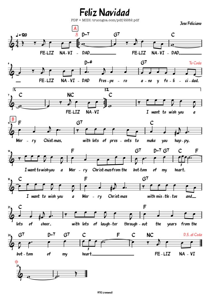 Page 1 of the piano sheet music PDF – Giáng sinh rộn ràng (Feliz Navidad) by José Feliciano