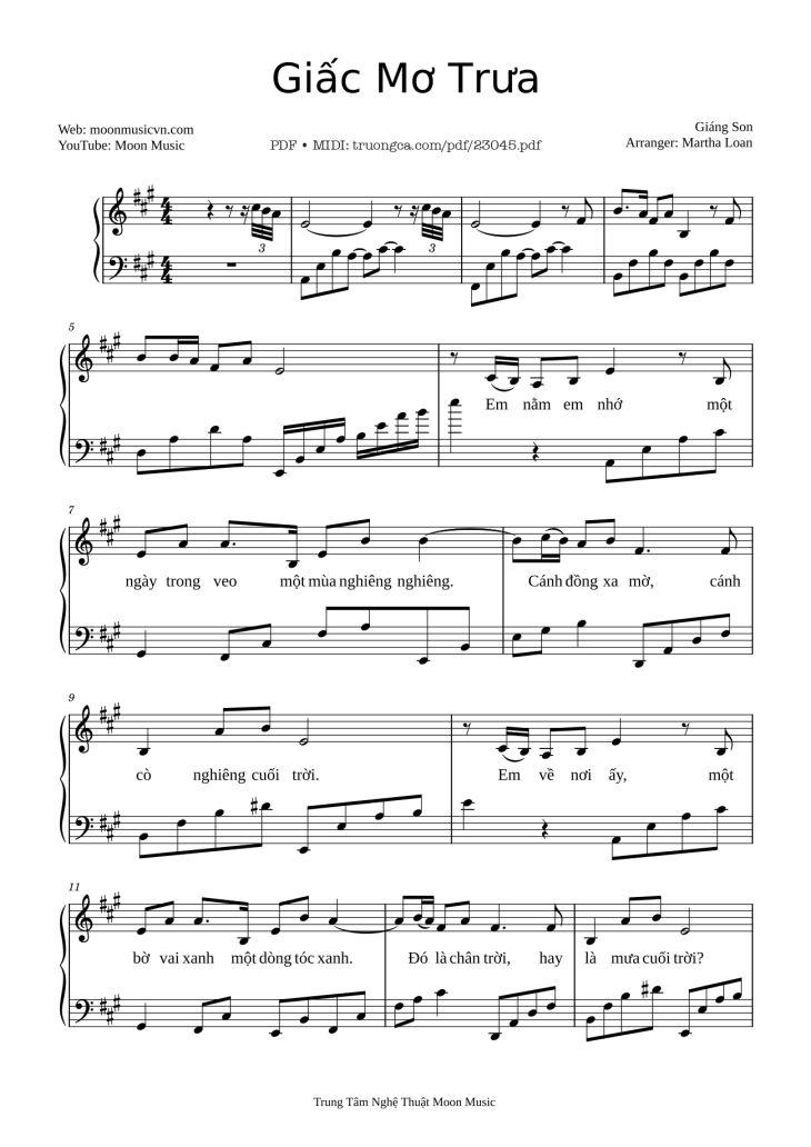 Page 1 of the piano sheet music PDF – Giấc Mơ Trưa Piano by Giáng Son