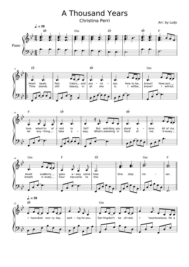 Page 1 of the piano sheet music PDF – A Thousand Years Sheet Piano by Christina Perri