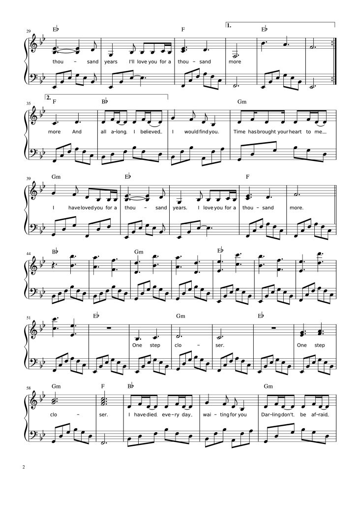 Page 2 of the piano sheet music PDF – A Thousand Years Sheet Piano by Christina Perri