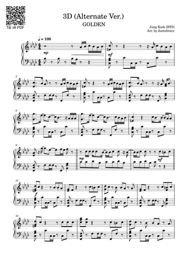 Page 1 of the piano sheet music PDF – 3D (Alternate Ver.) Sheet Piano by Jung Kook (BTS)