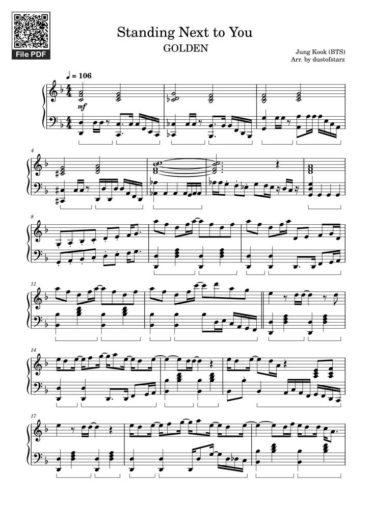 Page 1 of the piano sheet music PDF – Standing Next to You Sheet Piano by Jung Kook (BTS)