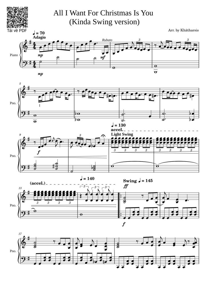 Page 1 of the piano sheet music PDF – All I Want For Christmas Is You (Kinda Swing version) Sheet Piano by Khatharsis