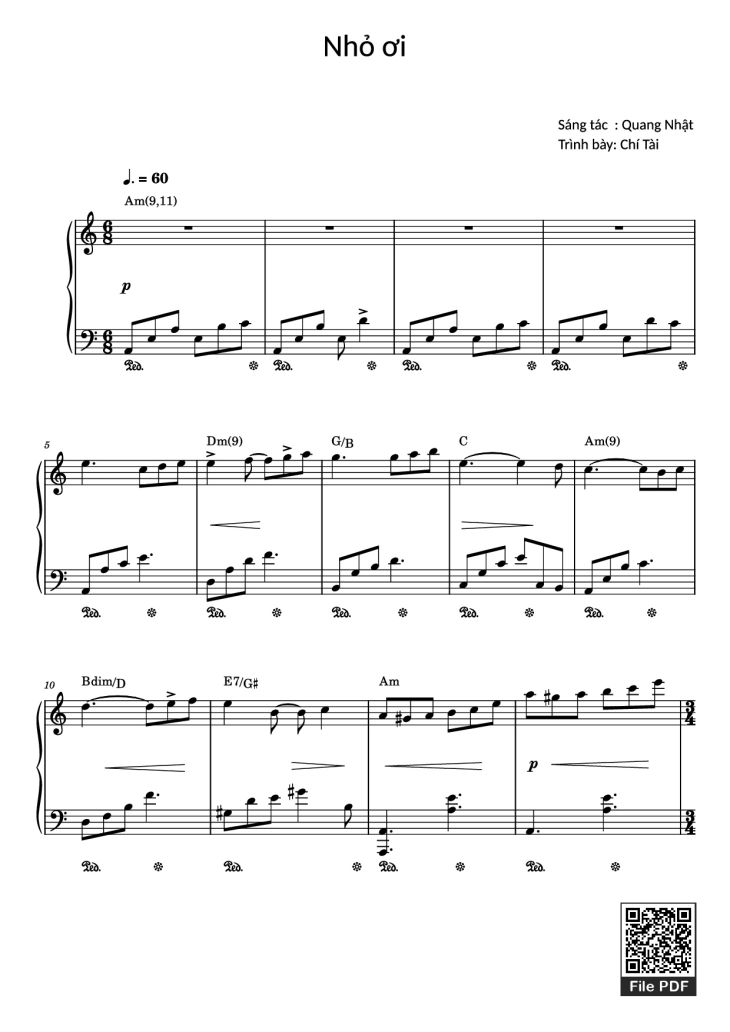 Page 1 of the piano sheet music PDF – Nhỏ ơi Sheet Piano by Đào Quang Nhật