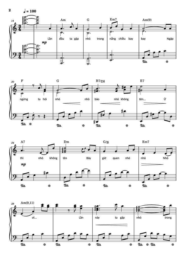 Page 2 of the piano sheet music PDF – Nhỏ ơi Sheet Piano by Đào Quang Nhật