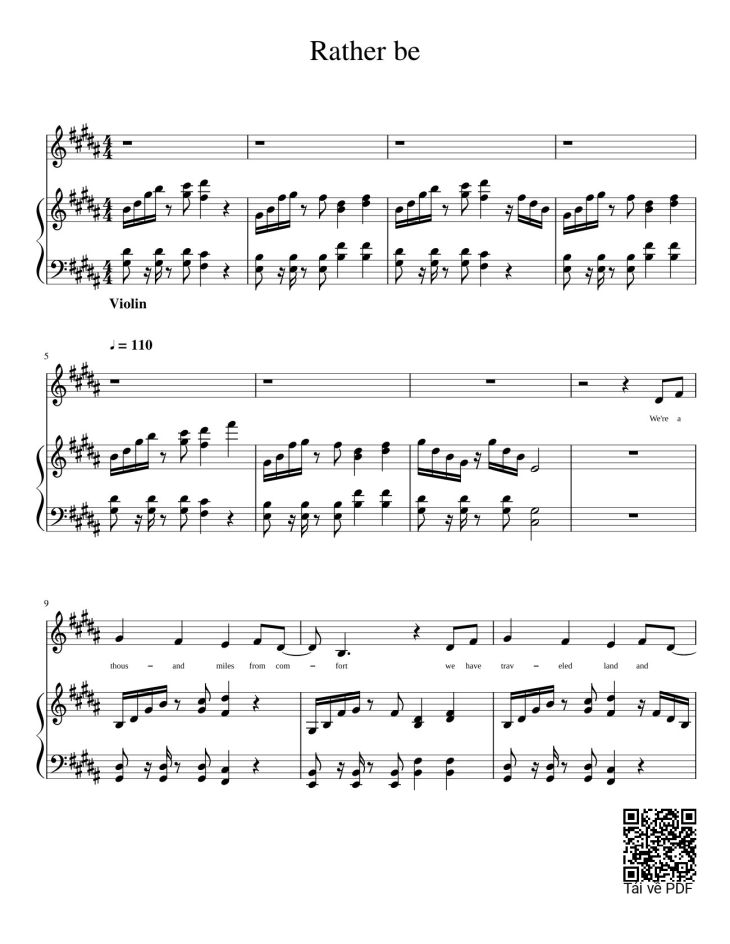 Page 1 of the piano sheet music PDF – Rather be Sheet Piano by Trang Lam