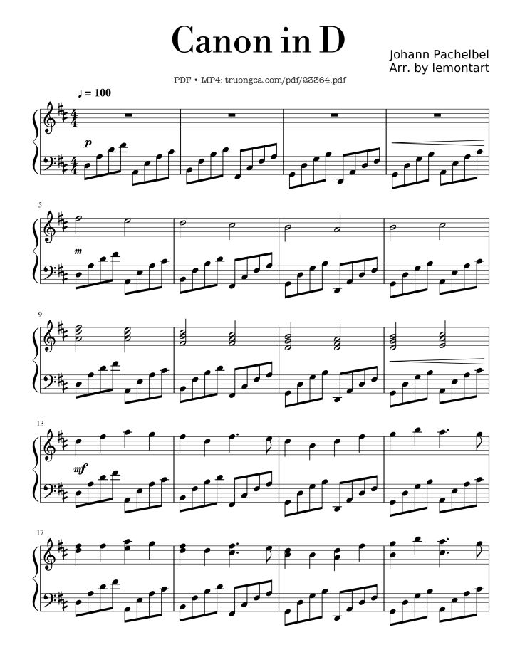 Page 1 of the piano sheet music PDF – Canon in D Sheet Piano by Lemontart