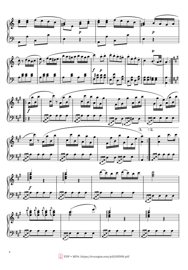 Page 4 of the piano sheet music PDF Piano – Rondo Alla Turca - Marche Turque - Turkish March fingered Piano by PapyPiano