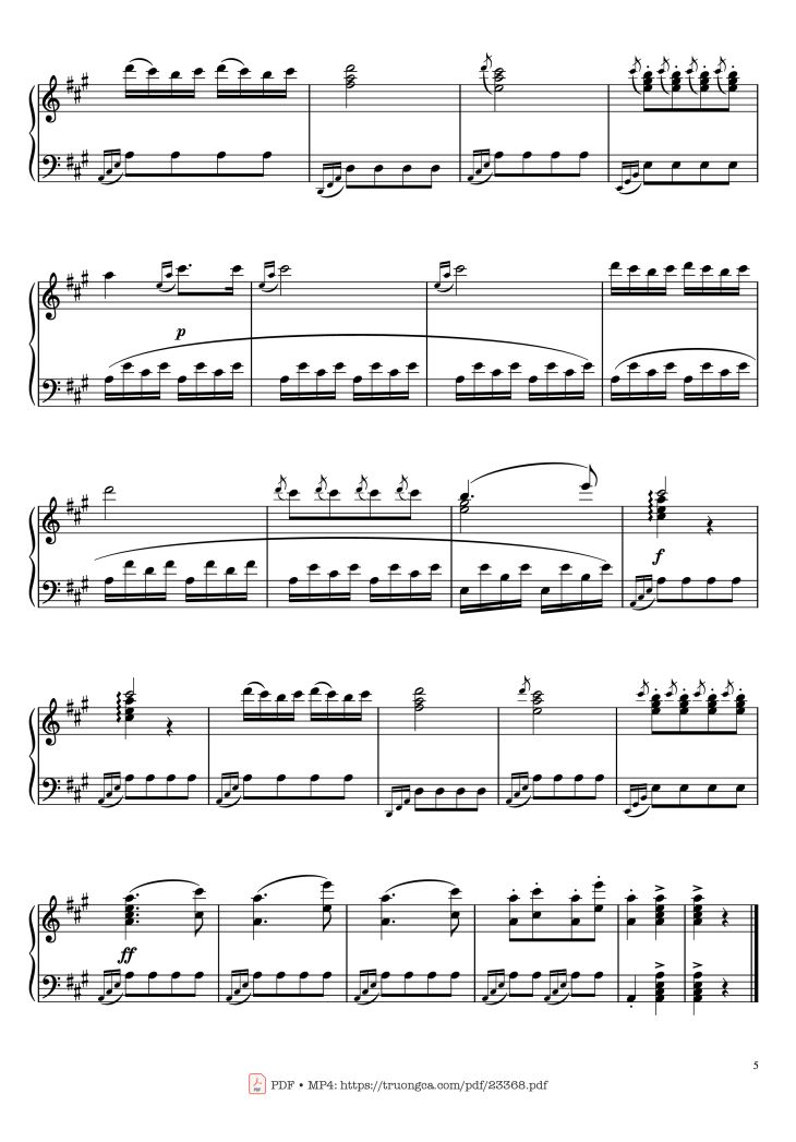 Page 5 of the piano sheet music PDF Piano – Rondo Alla Turca - Marche Turque - Turkish March fingered Piano by PapyPiano