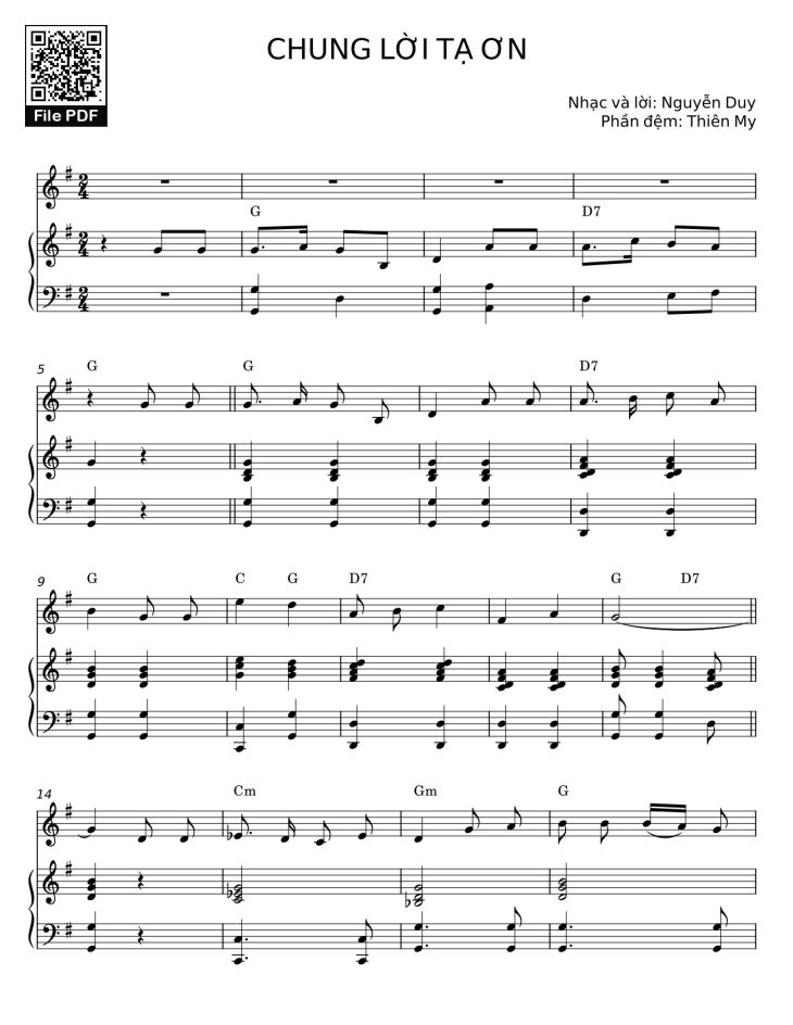 Page 1 of the piano sheet music PDF – CHUNG LỜI TẠ ƠN Sheet đệm Piano by  Nguyễn Duy
