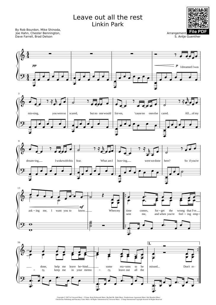 Page 1 of the piano sheet music PDF Piano – Leave out all the rest Sheet Piano by Linkin Park