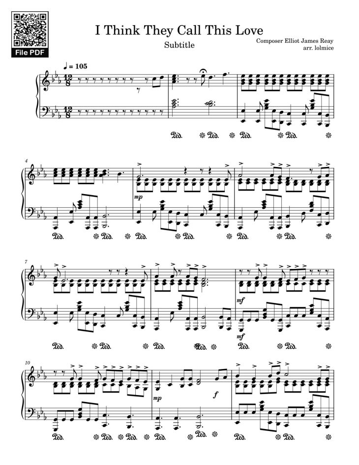 Page 1 of the piano sheet music PDF – I Think They Call This Love Sheet Piano by Composer Elliot James Reay