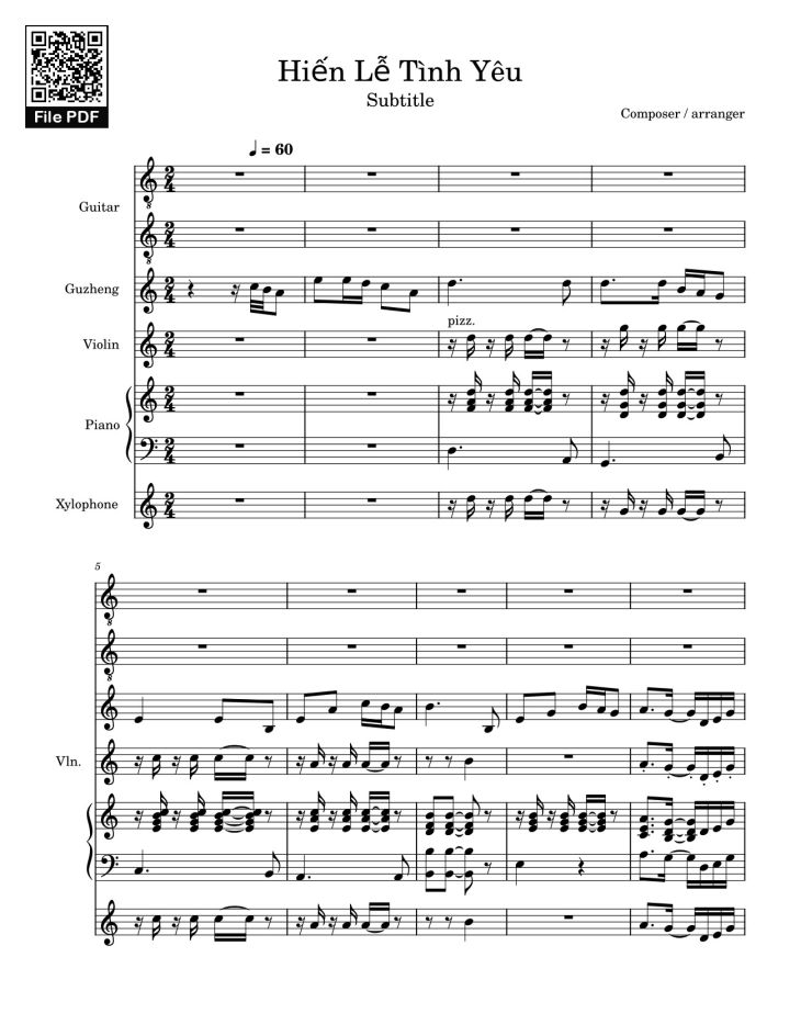 Page 1 of the piano sheet music PDF Piano Guitar Tab – Hiến Lễ Tình Yêu (hợp xướng Guitar, Harp, Violin, Piano, Xylophone) by Lm. Hoài Bắc