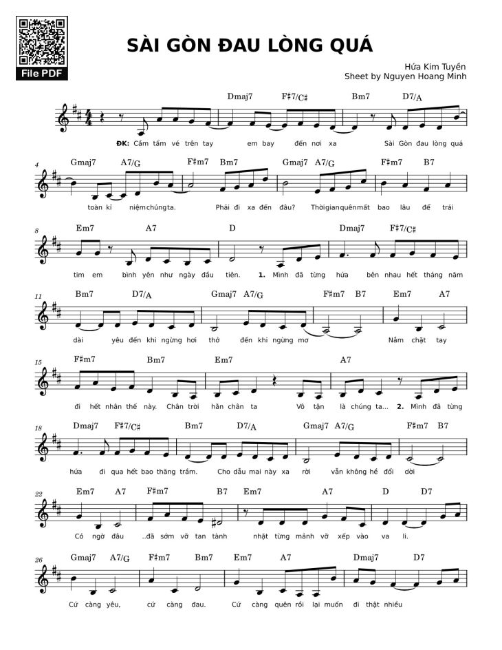 Page 1 of the piano sheet music PDF – SÀI GÒN ĐAU LÒNG QUÁ by Hứa Kim Tuyền