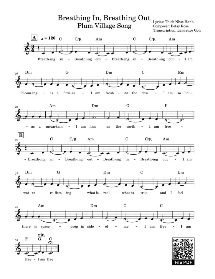 Page 1 of the piano sheet music PDF – Breathing In, Breathing Out Plum Village Song Sheet Piano by Centurionsg