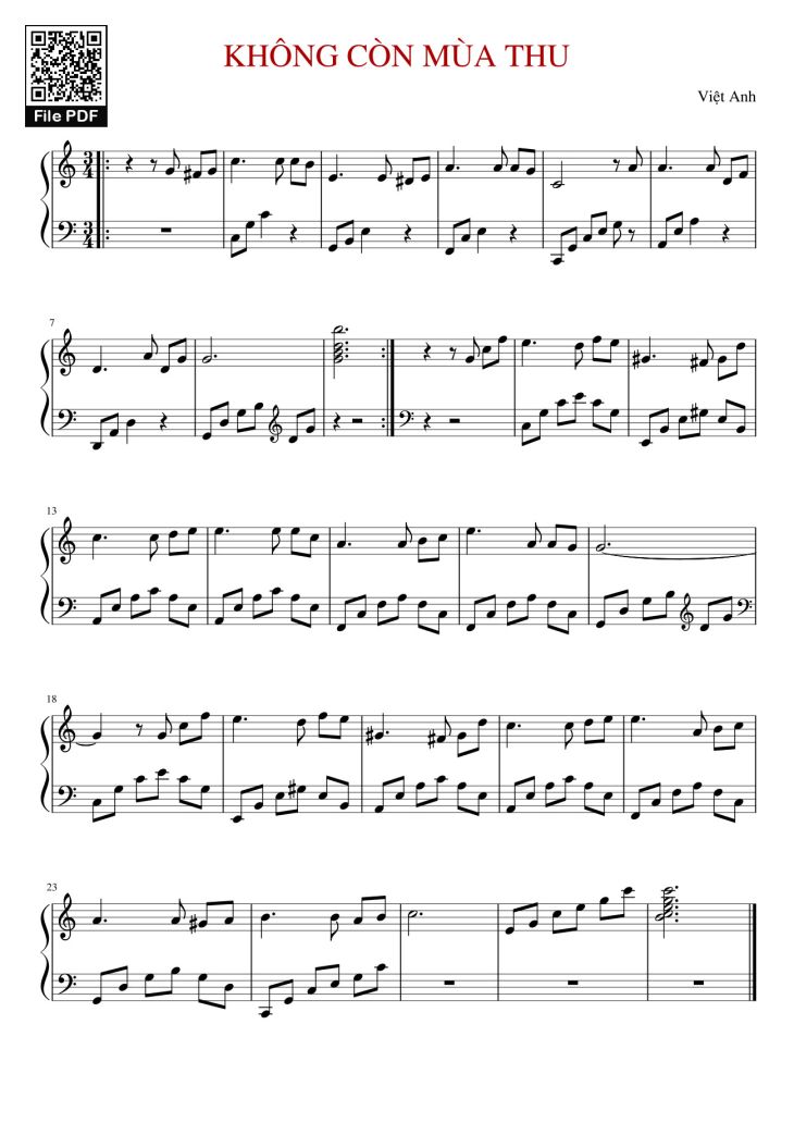 Page 1 of the piano sheet music PDF – KHÔNG CÒN MÙA THU Sheet Piano by Chauvanlinh@gmail.com