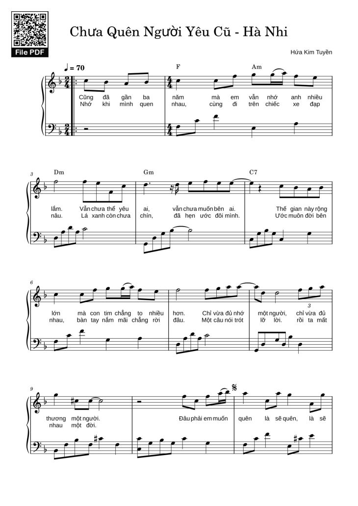 Page 1 of the piano sheet music PDF – Chưa Quên Người Yêu Cũ - Hà Nhi Sheet Piano by LaLa_1711