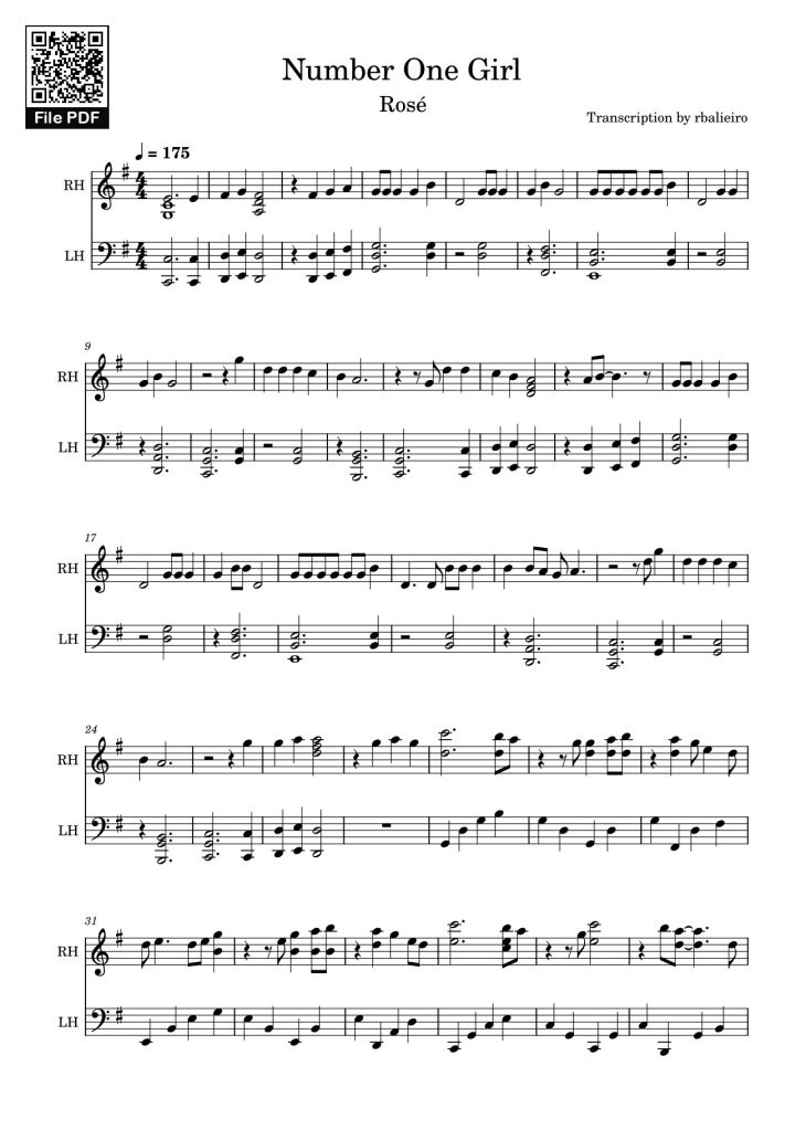 Page 1 of the piano sheet music PDF Piano – Number One Girl Sheet Piano by Rosé