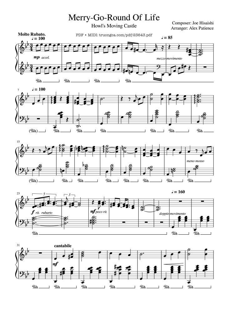Page 1 of the piano sheet music PDF – Merry-Go-Round Of Life Sheet Piano by Joe Hisaishi