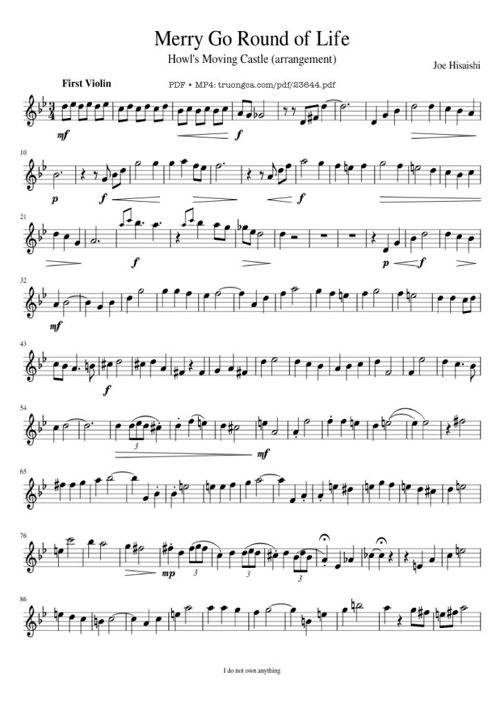 Page 1 of the piano sheet music PDF – Merry Go Round of Life Sheet Violin by Joe Hisaishi