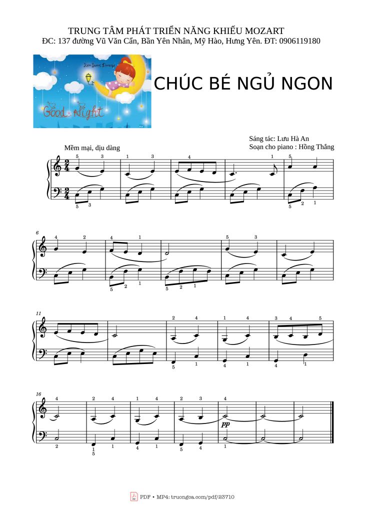 Page 1 of the piano sheet music PDF Piano – Chúc bé ngủ ngon Sheet Piano Dễ by  Lưu Hà An               
