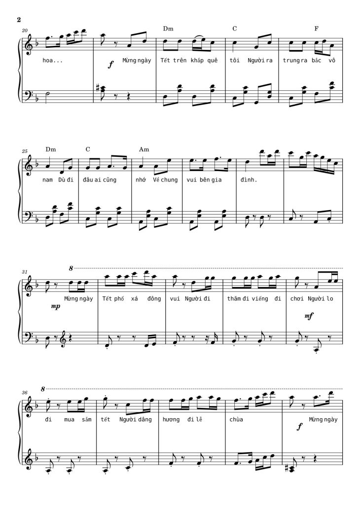 Page 2 of the piano sheet music PDF – Ngày Tết quê em Sheet Piano by Ngo_Duong_Hoang_An