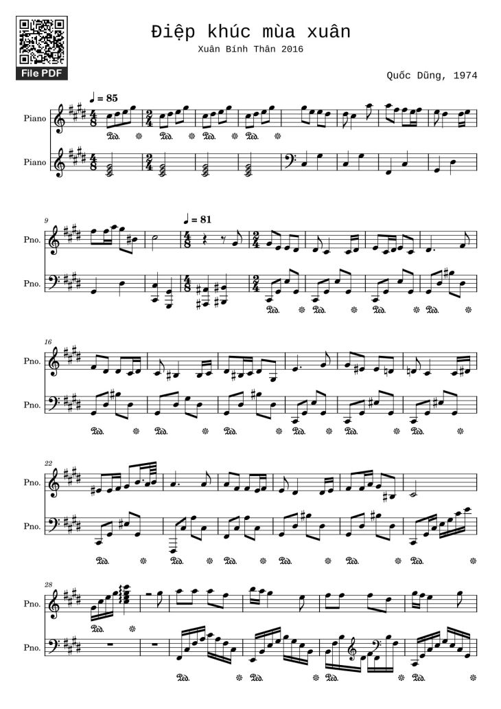 Page 1 of the piano sheet music PDF – Điệp khúc mùa xuân Sheet Piano (2016, C♯m) by Quốc Dũng