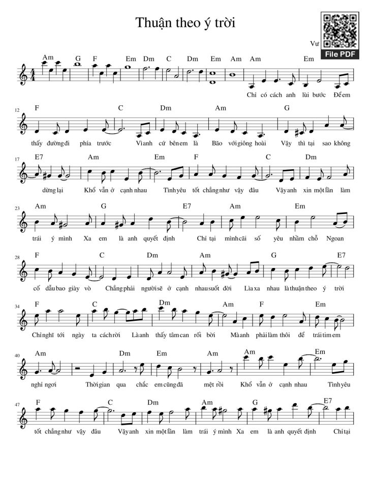 Page 1 of the piano sheet music PDF – Thuận theo ý trời by Nov103