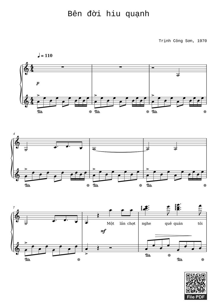 Page 1 of the piano sheet music PDF – Bên đời hiu quạnh Sheet Piano by Trịnh Công Sơn