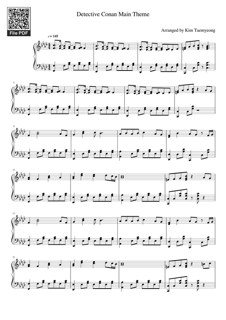 Page 1 of the piano sheet music PDF – Detective Conan Main Theme Sheet Piano by 김태명
