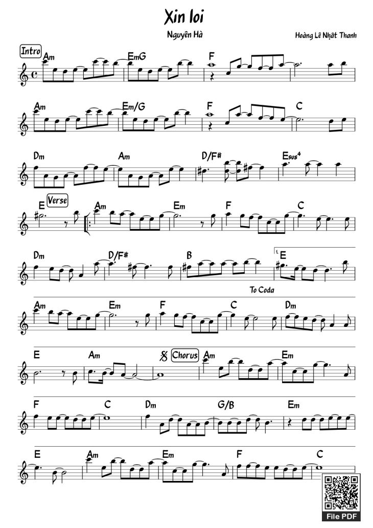 Page 1 of the piano sheet music PDF – Xin lỗi by Hoàng Lê Nhât Thanh