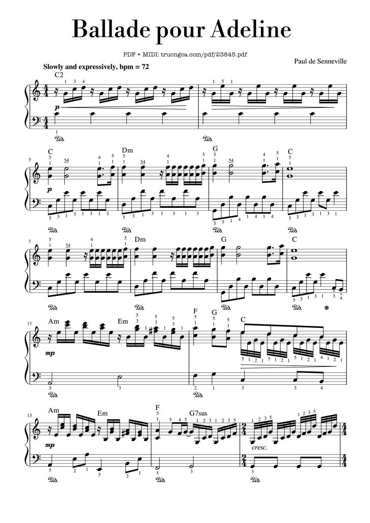 Page 1 of the piano sheet music PDF – Ballade pour Adeline Sheet Piano by Paul de Senneville