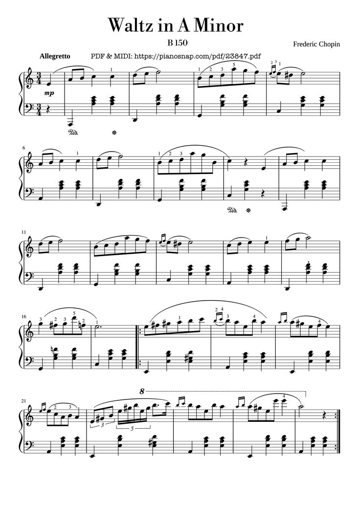 Page 1 of the piano sheet music PDF Piano – Waltz in A Minor (Chopin) Piano EASY by DimitrisG1