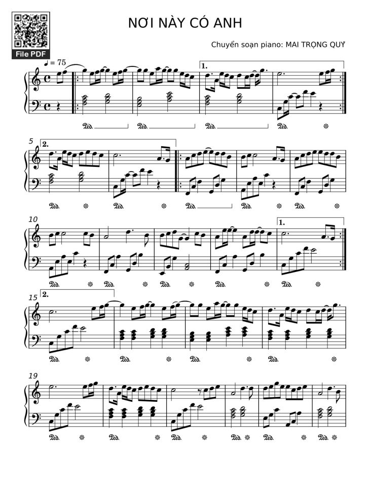 Page 1 of the piano sheet music PDF Piano – NƠI NÀY CÓ ANH Sheet Piano by Sơn Tùng