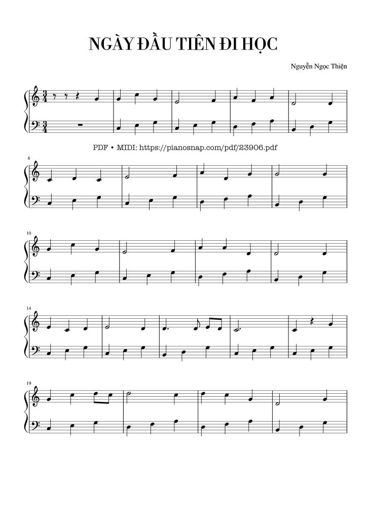 Page 1 of the piano sheet music PDF – NGÀY ĐẦU TIÊN ĐI HỌC Sheet Piano by Nguyễn Ngọc Thiện
