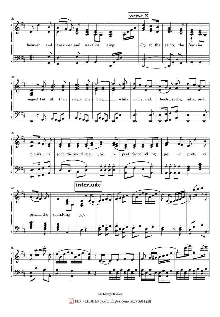 Page 2 of the piano sheet music PDF – Joy to the World! The Lord is come Sheet Piano by Lowell Mason