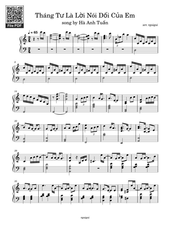 Page 1 of the piano sheet music PDF – Tháng Tư Là Lời Nói Dối Của Em Sheet Piano by Hà Anh Tuấn