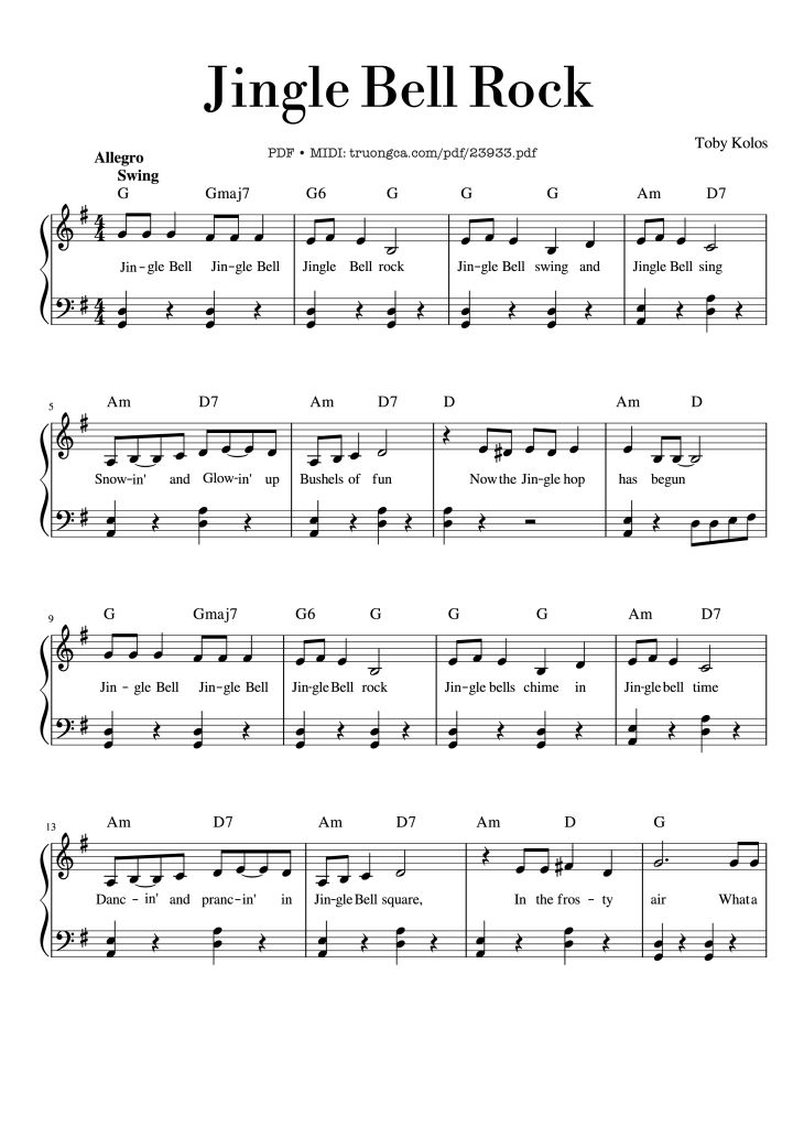 Page 1 of the piano sheet music PDF – Jingle Bell Rock Sheet Piano by Toby Kolos