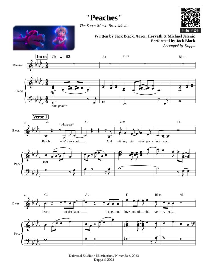 Page 1 of the piano sheet music PDF – Peaches by Jack Black
