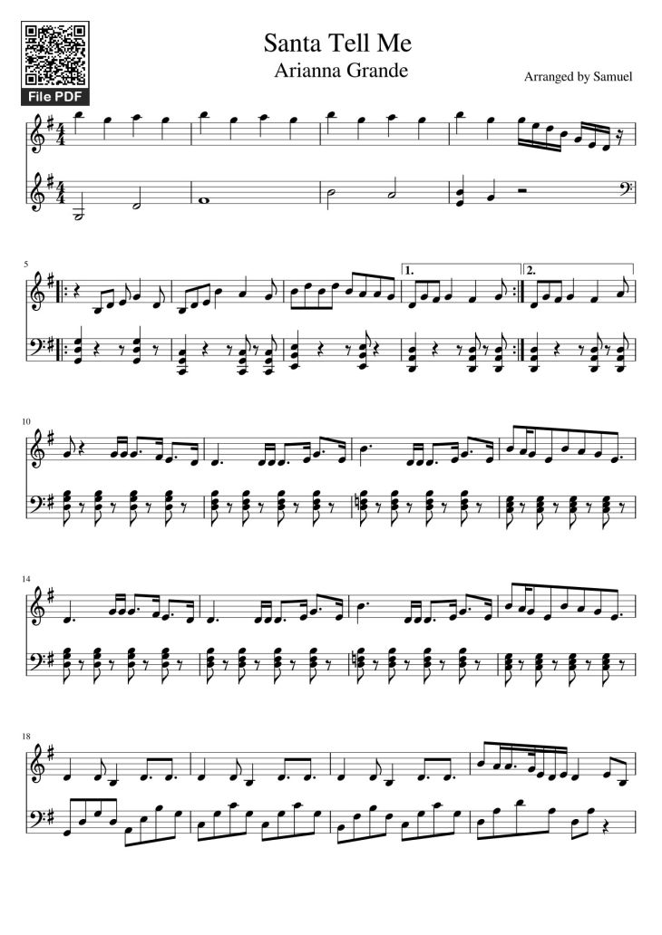 Page 1 of the piano sheet music PDF – Santa Tell Me Arianna Grande Sheet Piano by Samuelwycisk