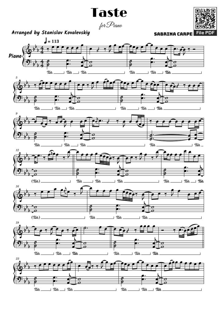 Page 1 of the piano sheet music PDF – Taste Sheet Piano by Sabrina Carpenter