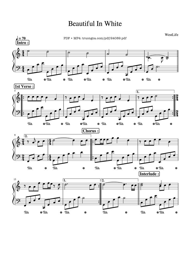 Page 1 of the piano sheet music PDF – Beautiful In White Sheet Piano by WestLife