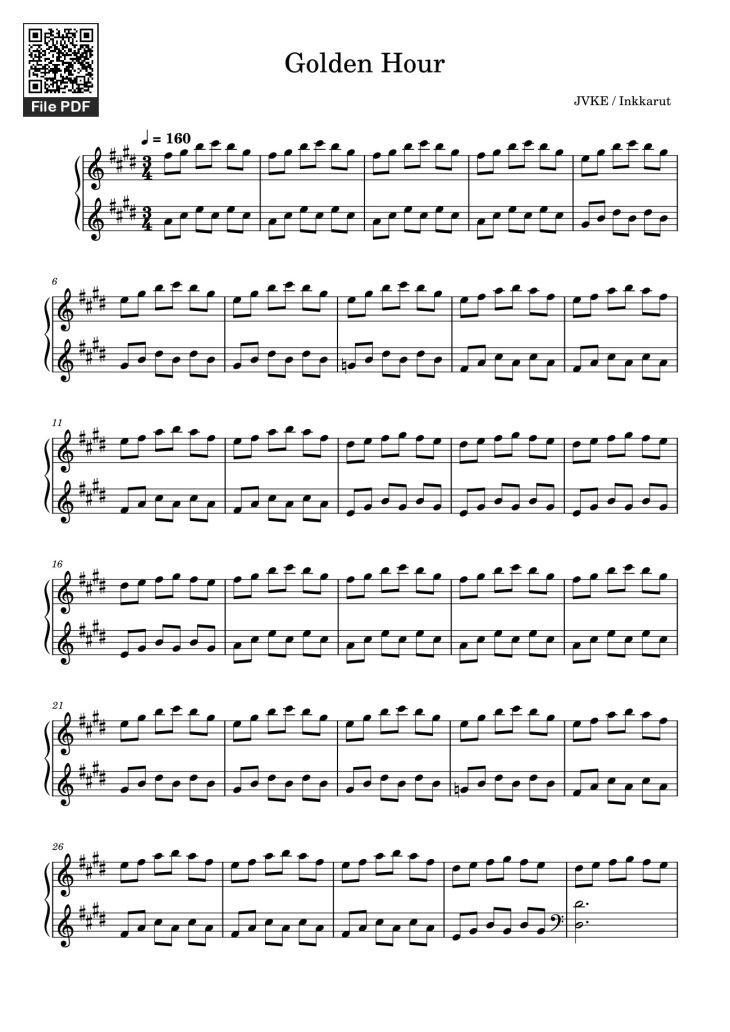 Page 1 of the piano sheet music PDF – Golden Hour Sheet Piano by Inkkarutat