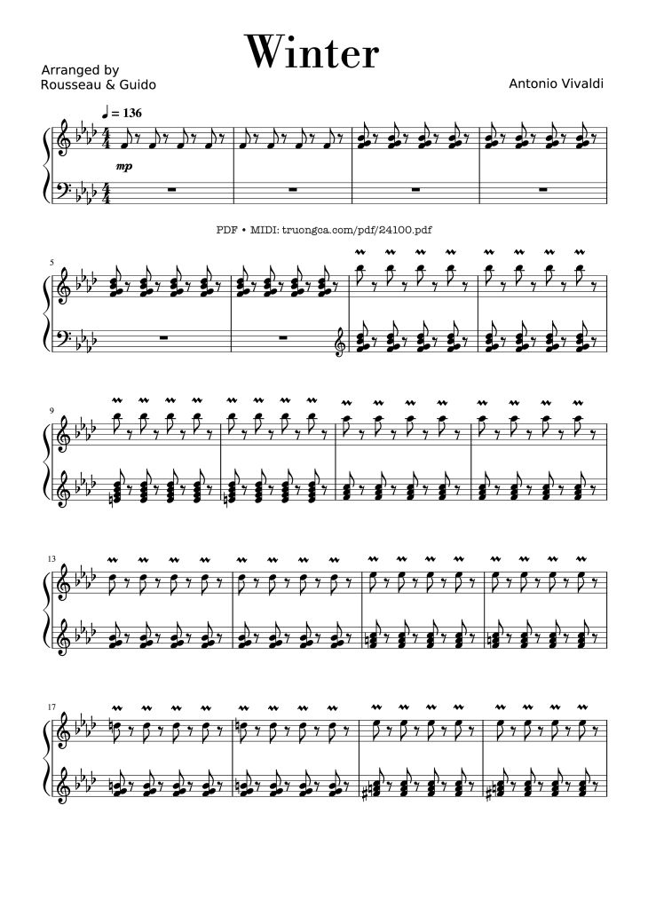 Page 1 of the piano sheet music PDF – Winter - Vivaldi (Rousseau Version Original) Sheet Piano by Antonio Vivaldi