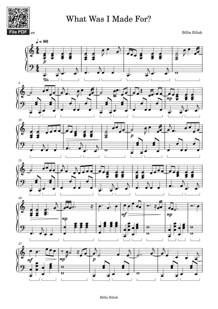 Page 1 of the piano sheet music PDF – What Was I Made For? Sheet Piano by Mattealee0011