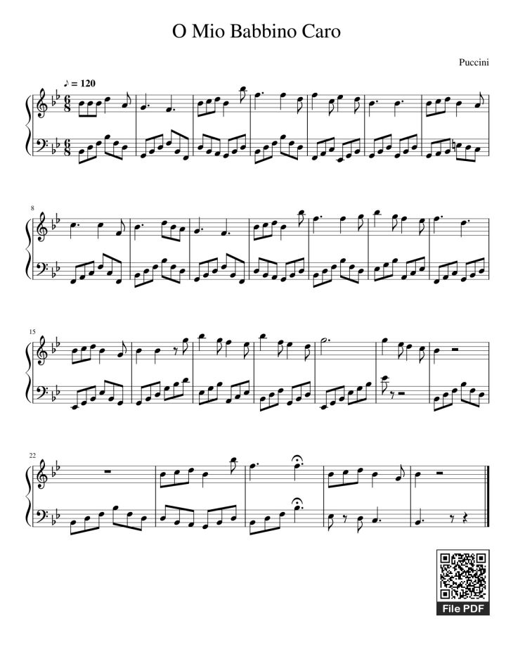 Page 1 of the piano sheet music PDF – O Mio Babbino Caro Sheet Piano by Violacjw
