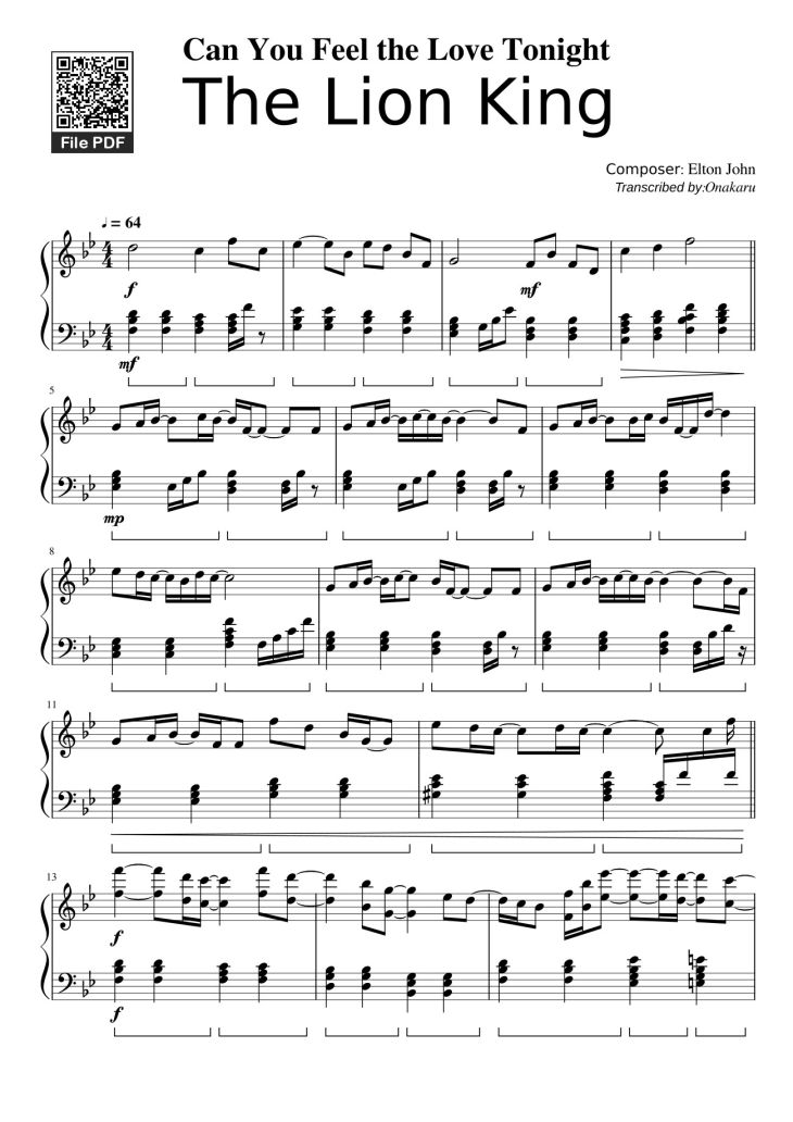 Page 1 of the piano sheet music PDF – Can You Feel the Love Tonight Sheet Piano by  Elton John
