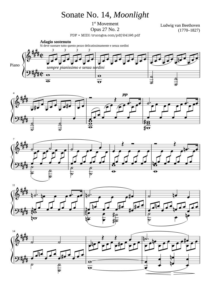 Page 1 of the piano sheet music PDF Piano – Sonate No. 14, Moonlight 1st Movement by Ludwig van Beethoven